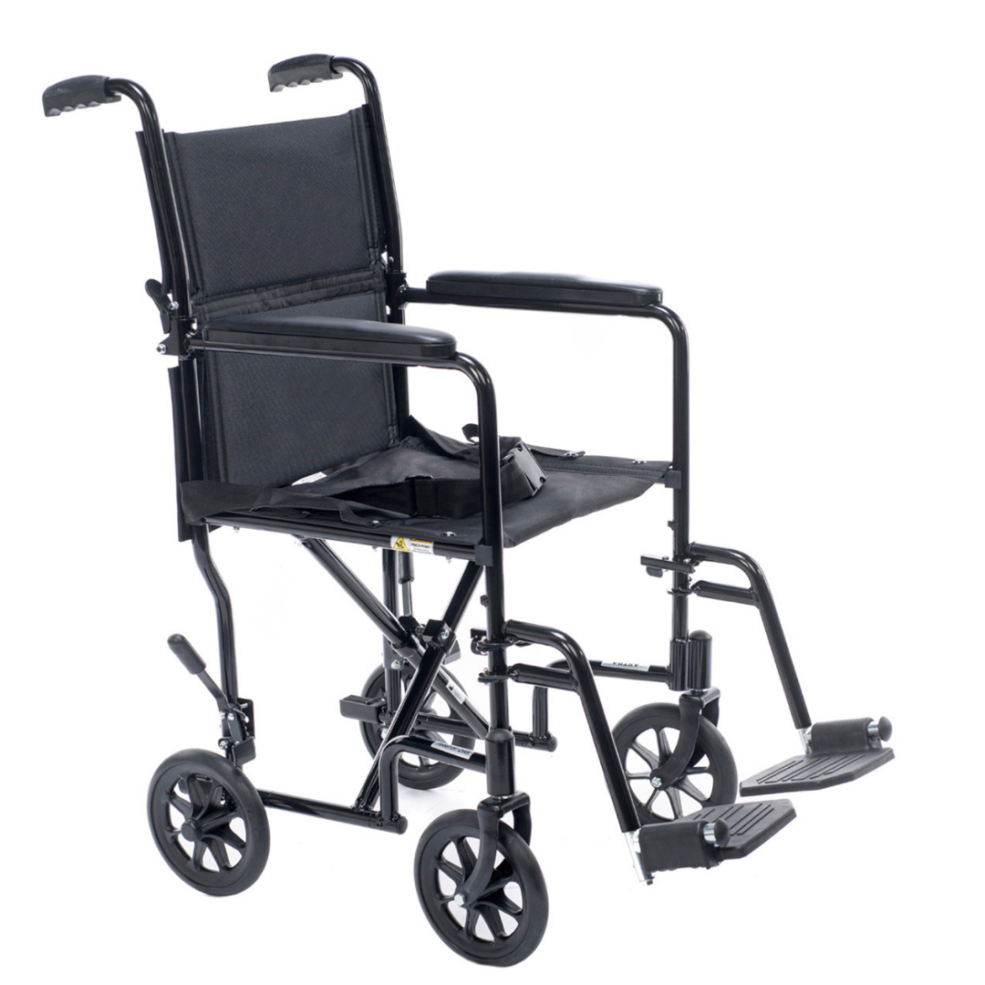 The Proactive Medical Astra Aluminum Transport Chair features four small wheels, footrests, armrests, rear handles for easy pushing, and a lightweight, foldable design. Shown empty against a plain white background.